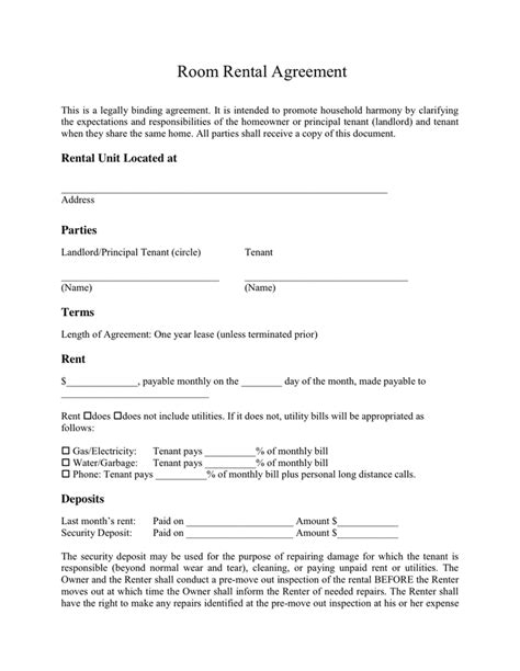 rental agreement for a room in a private home | Rental agreement templates, Room rental